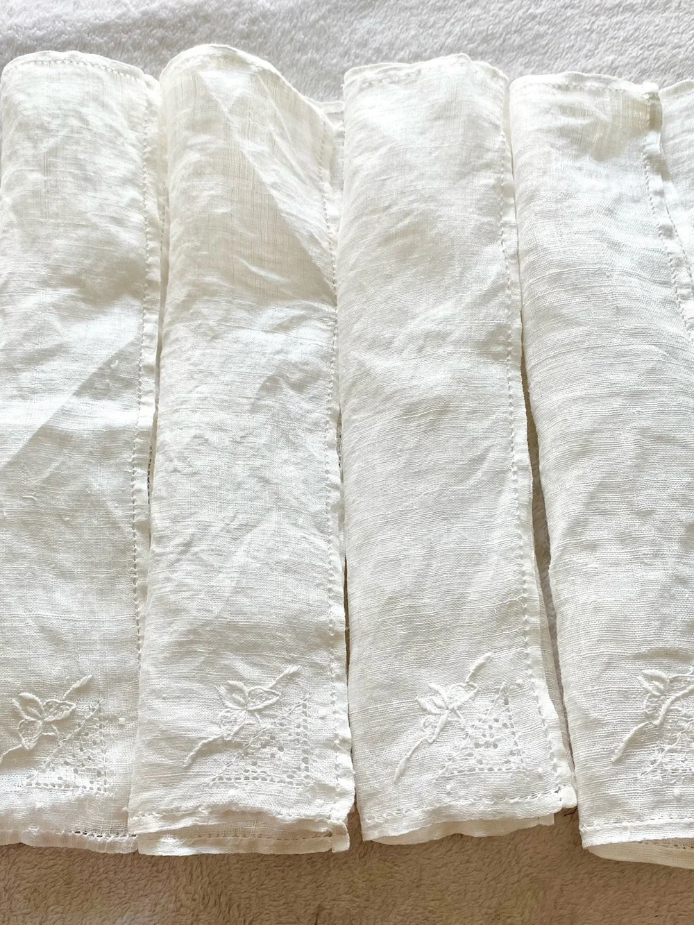 White Linen Embroidered Napkin set of four Vintage